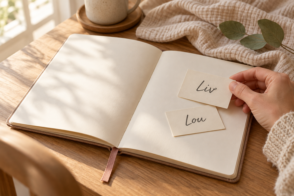 Namenskarten mit Liv und Lou auf einem offenen Notizbuch.