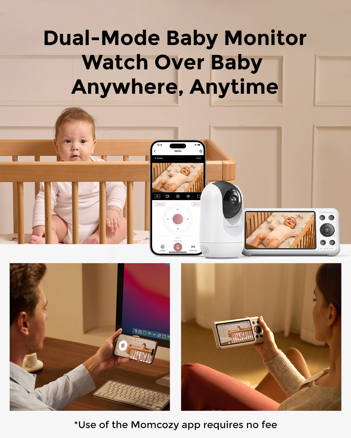 Momcozy BM04 baby monitor: dual-mode, watch baby anytime, anywhere. Includes camera, phone, and handheld monitor display.