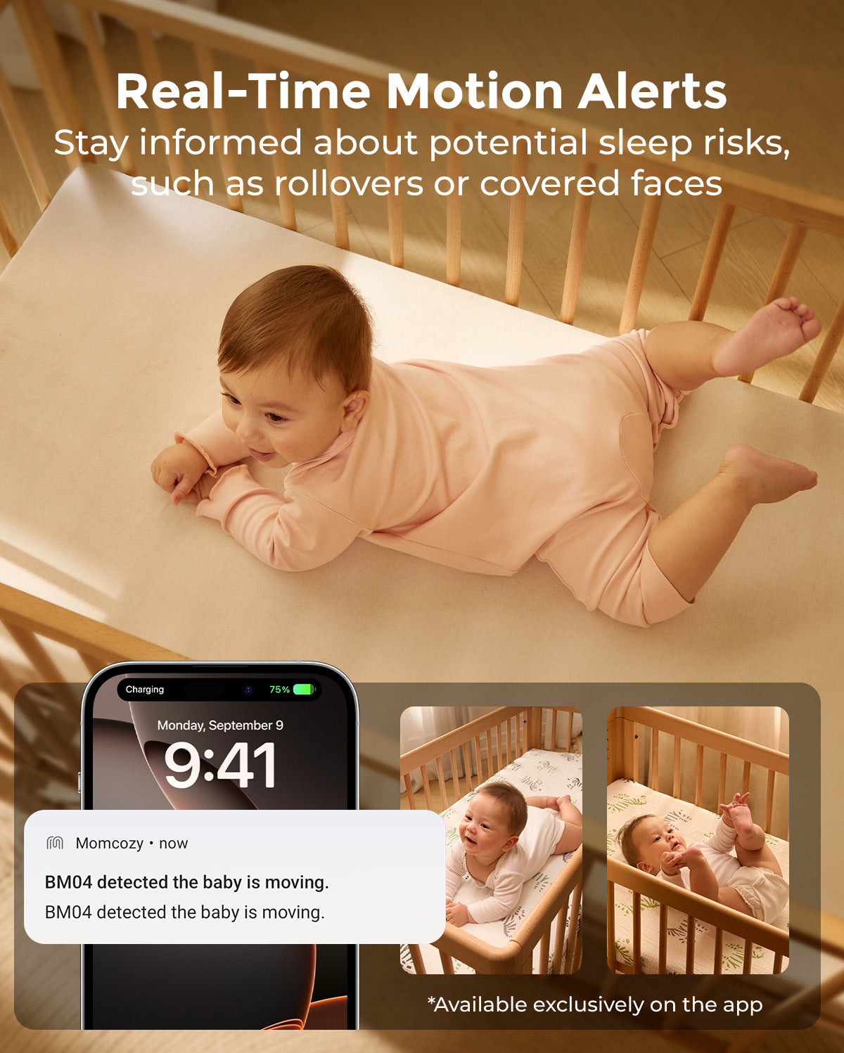 Momcozy BM04 Baby Monitor with real-time motion alerts, showing baby in crib and app notifications for sleep risk detection.