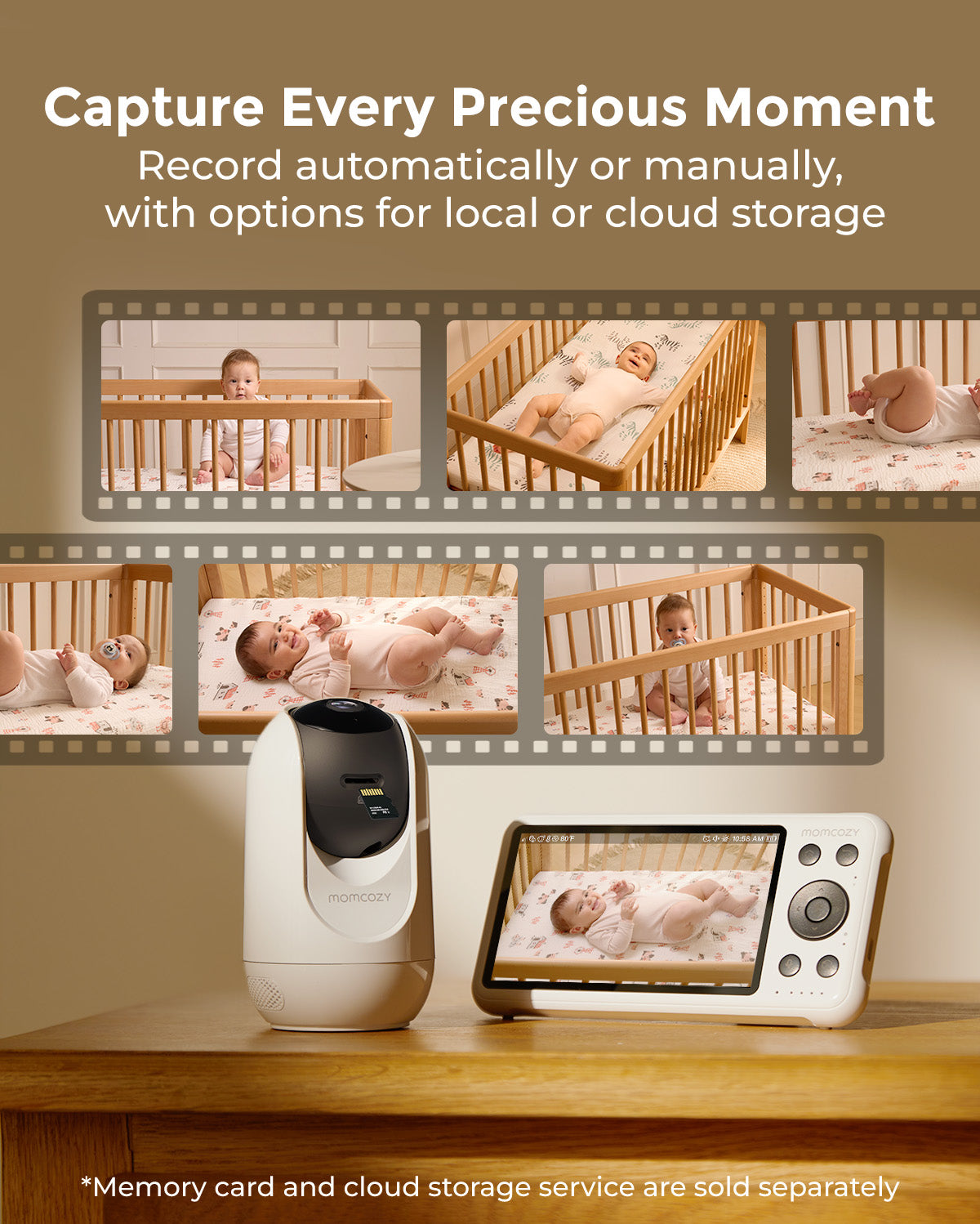 Momcozy BM04 baby monitor with video recording, showing baby, local or cloud storage options