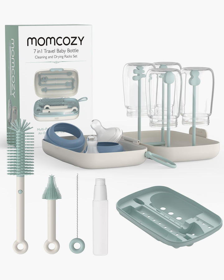 Momcozy 7-in-1 travel bottle cleaning kit with tools and foaming solution in teal.