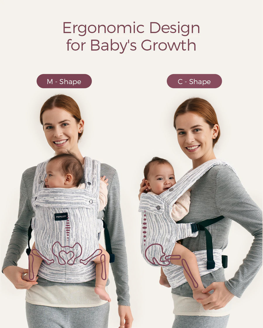 Momcozy PureHug carrier: M and C-shape design for hip-healthy babywearing, supporting baby's growth. Ergonomic design