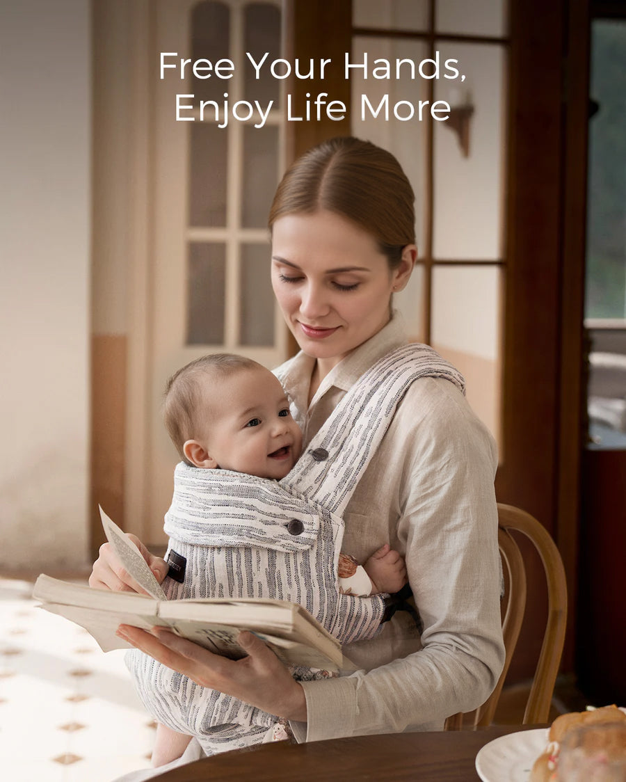 Momcozy PureHug carrier, babywearing with book. Free Your Hands, Enjoy Life More. Comfortable and stylish design.
