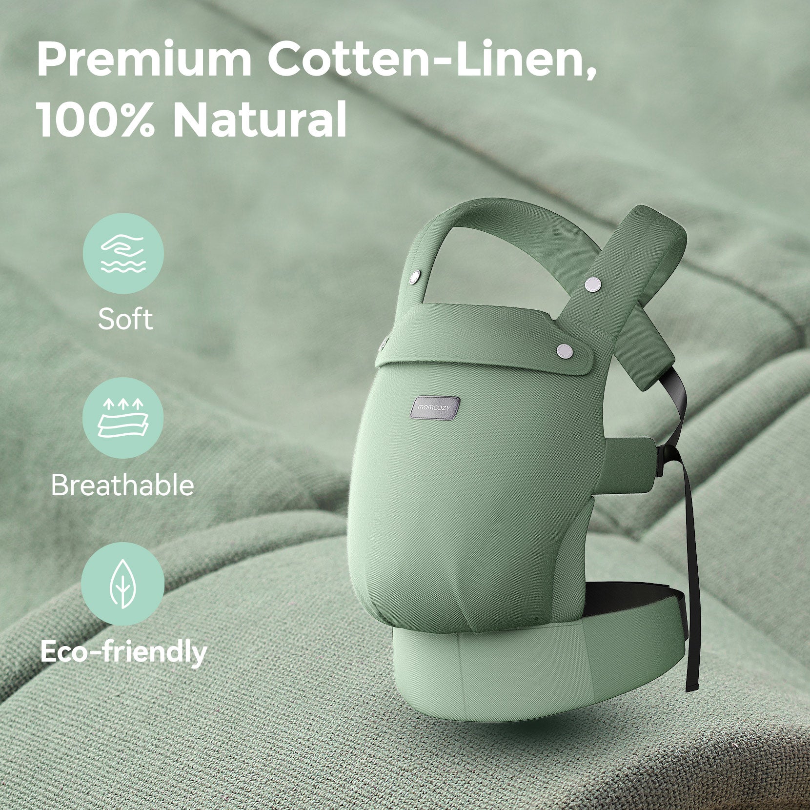 Sage green Momcozy PureHug baby carrier, cotton-linen, promoting breathable and eco-friendly babywearing.