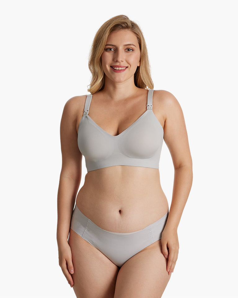 Translation missing: de.Model in light taupe YN21 Ultra Soft Seamless Nursing Bra &amp; briefs, showing V-neck, smooth fabric, and M5 pump access