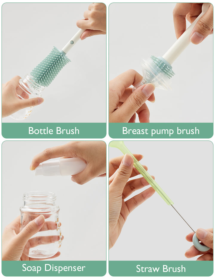 Momcozy multifunctional bottle brush kit with four cleaning tools for bottles and accessories.