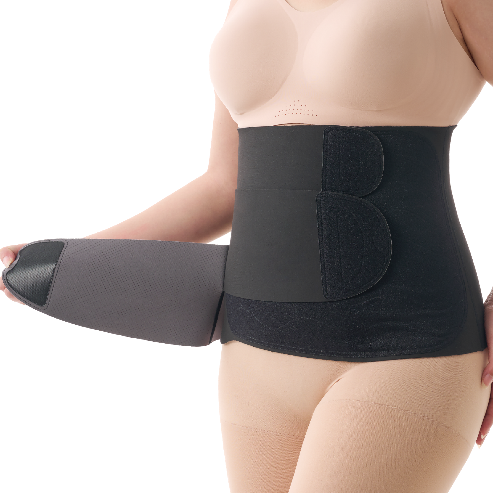 Momcozy Ergowrap Postpartum Belly Band in use, black with adjustable straps for postpartum recovery and support.