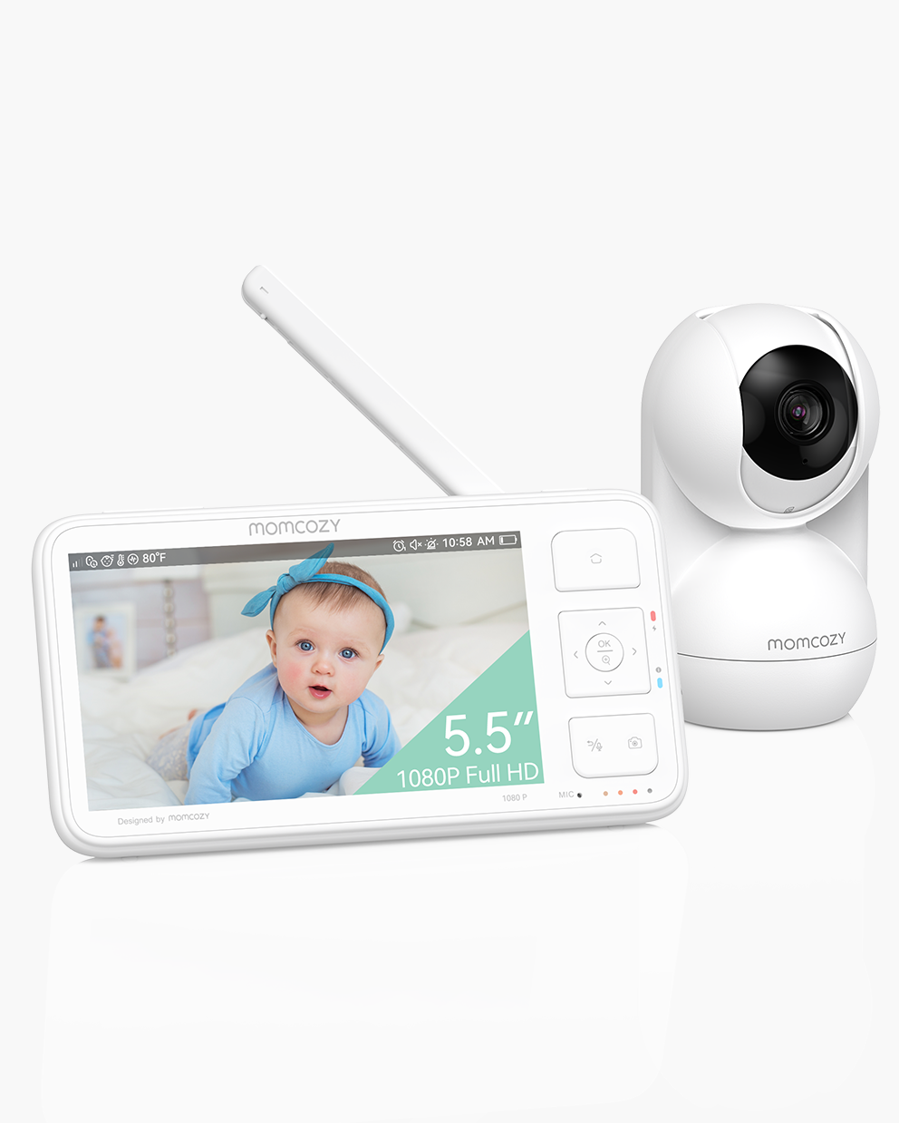 Momcozy BM03 baby monitor: 5.5-inch Full HD screen and white camera, designed for parents.