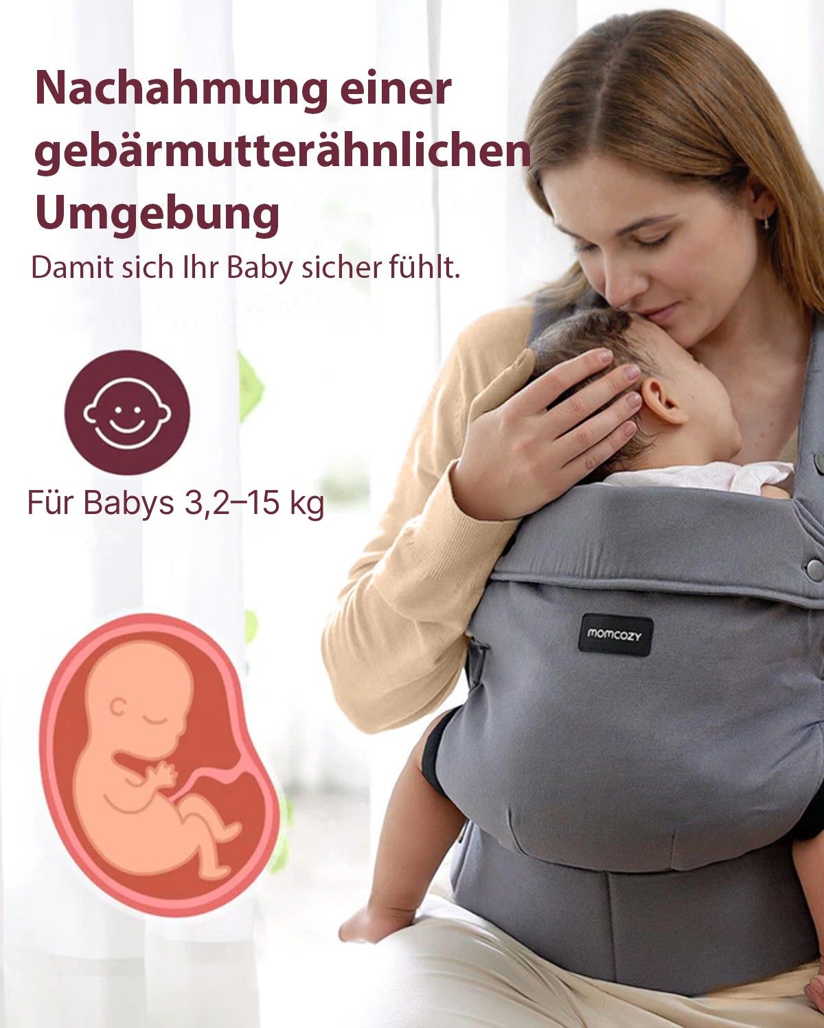 Momcozy PureHug grey baby carrier. Mother with baby, emphasizing comfort and weight range (7-44lbs) for ideal babywearing.