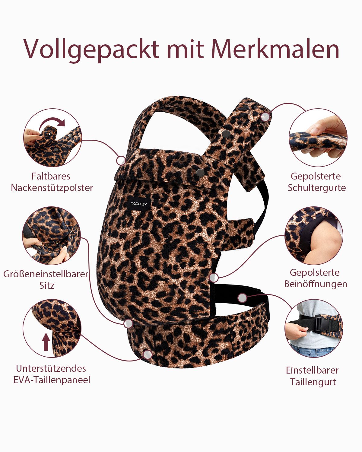 Leopard print Momcozy PureHug baby carrier with adjustable features, including foldable neck support and padded straps.