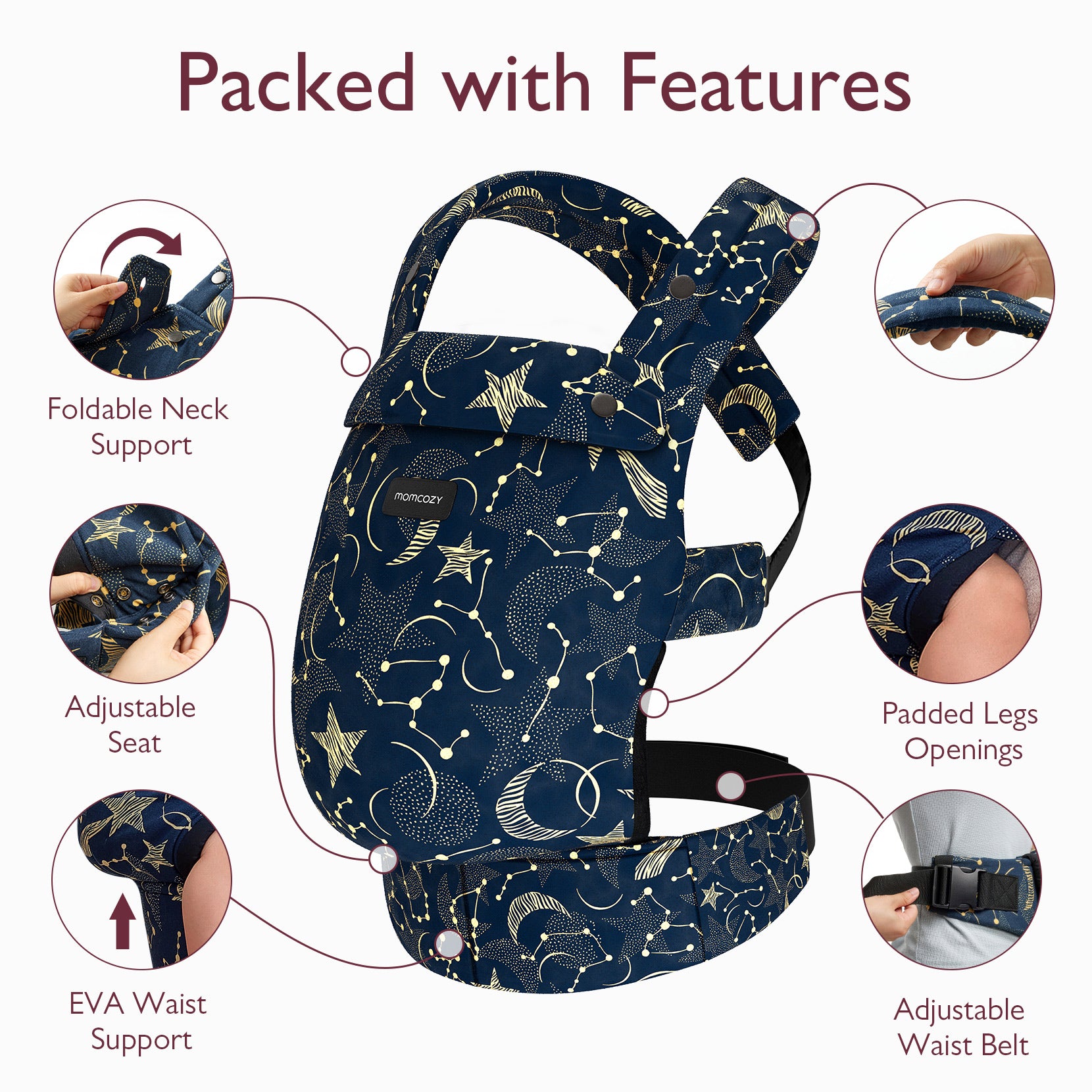 Momcozy PureHug baby carrier, navy blue with constellation pattern, featuring adjustable seat, neck support, and waist belt