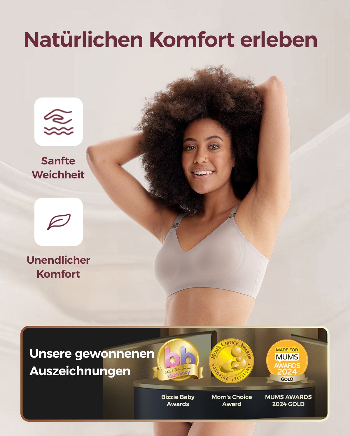 Happy model showcasing light taupe Ultra Soft Seamless Nursing Bra YN21, celebrated for comfort and multiple industry awards.
