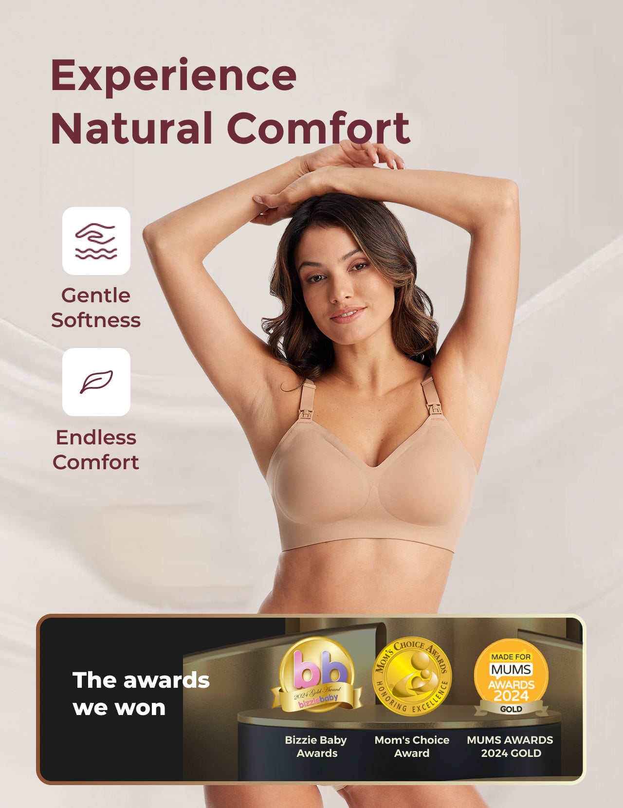 Smiling model in light nude YN21 Ultra Soft Seamless Nursing Bra, showcasing award-winning comfort & M5 pump compatibility.