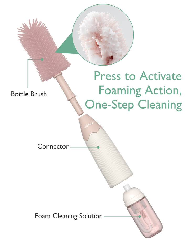 Momcozy bottle brush kit with foam cleaning solution, demonstrating press-to-activate functionality.