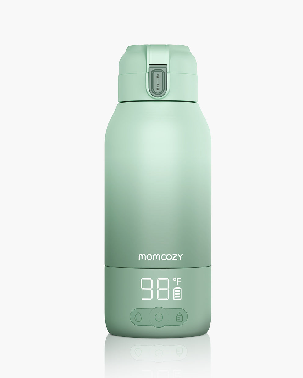Momcozy mint green portable milk warmer, LCD display, 98°F, perfect for travel and fast milk heating.