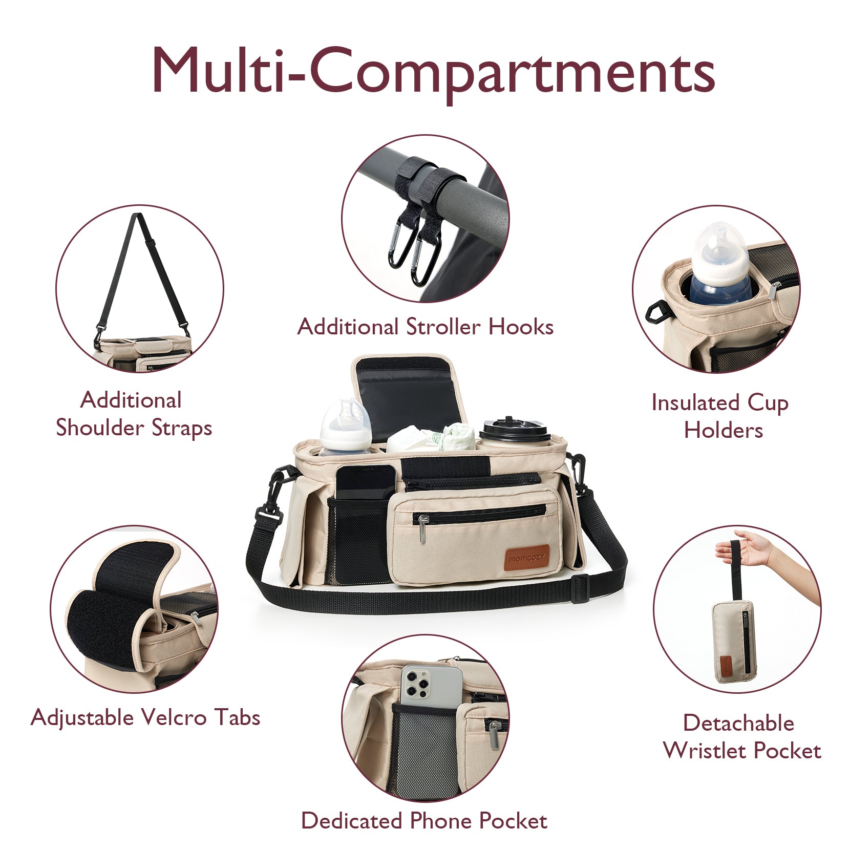 Momcozy stroller organizer: cup holder, phone pocket, stroller hooks, beige & black, multi-compartment design.
