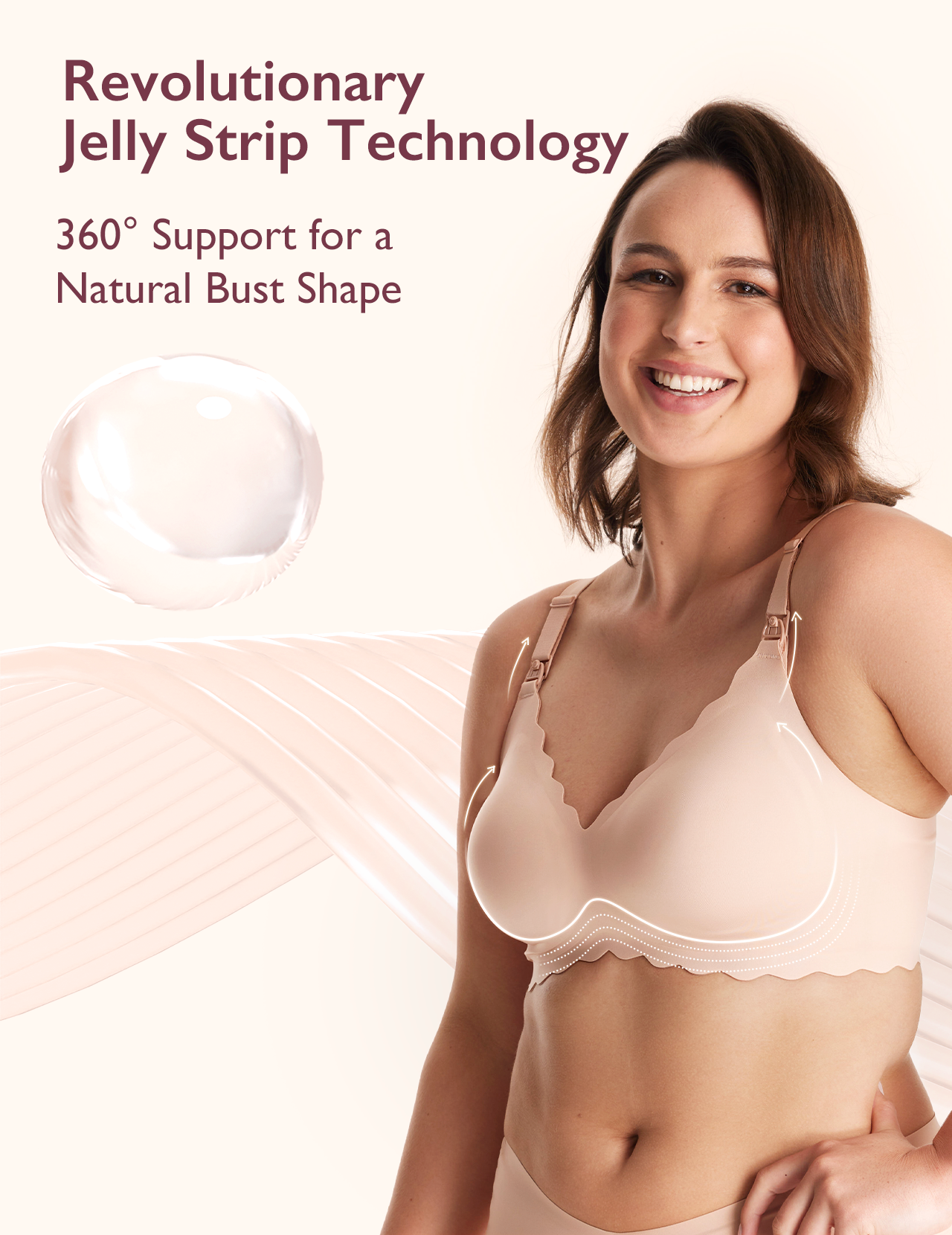 Beige Jelly Strip Seamless Nursing Bra YN46 with 360° support for natural bust shape. M9 Pump compatible.