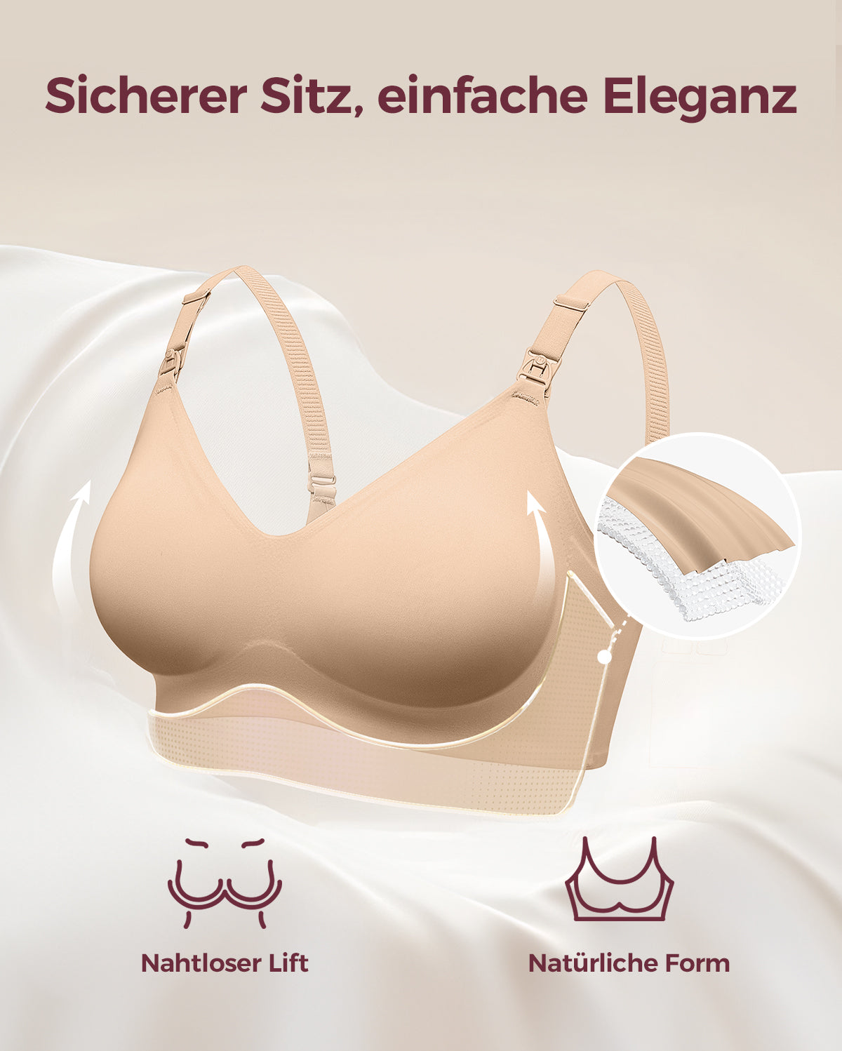 Light peach YN21 Ultra Soft Seamless Nursing Bra design: secure fit, seamless lift, natural shape. M5 pump compatible.