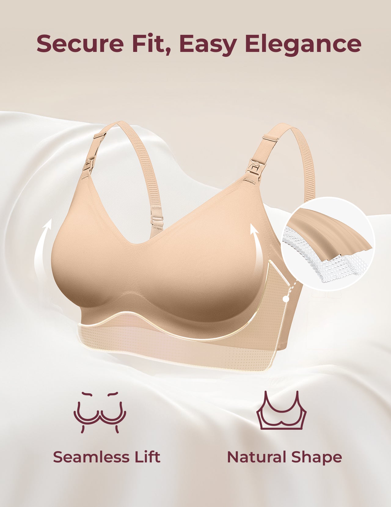 Light peach YN21 Ultra Soft Seamless Nursing Bra design: secure fit, seamless lift, natural shape. M5 pump compatible.