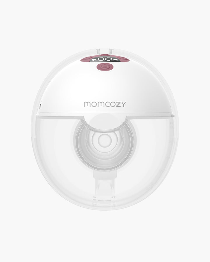 Top view of Momcozy M5 Wearable Breast Pump displaying control panel and ergonomic design.