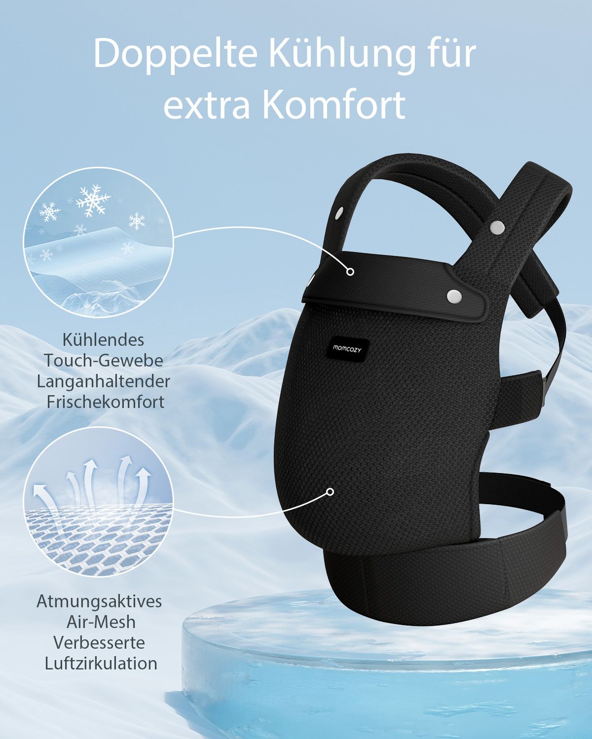 Momcozy PureHug black baby carrier, with breathable air mesh and cooling touch fabric design for extra comfort babywearing.