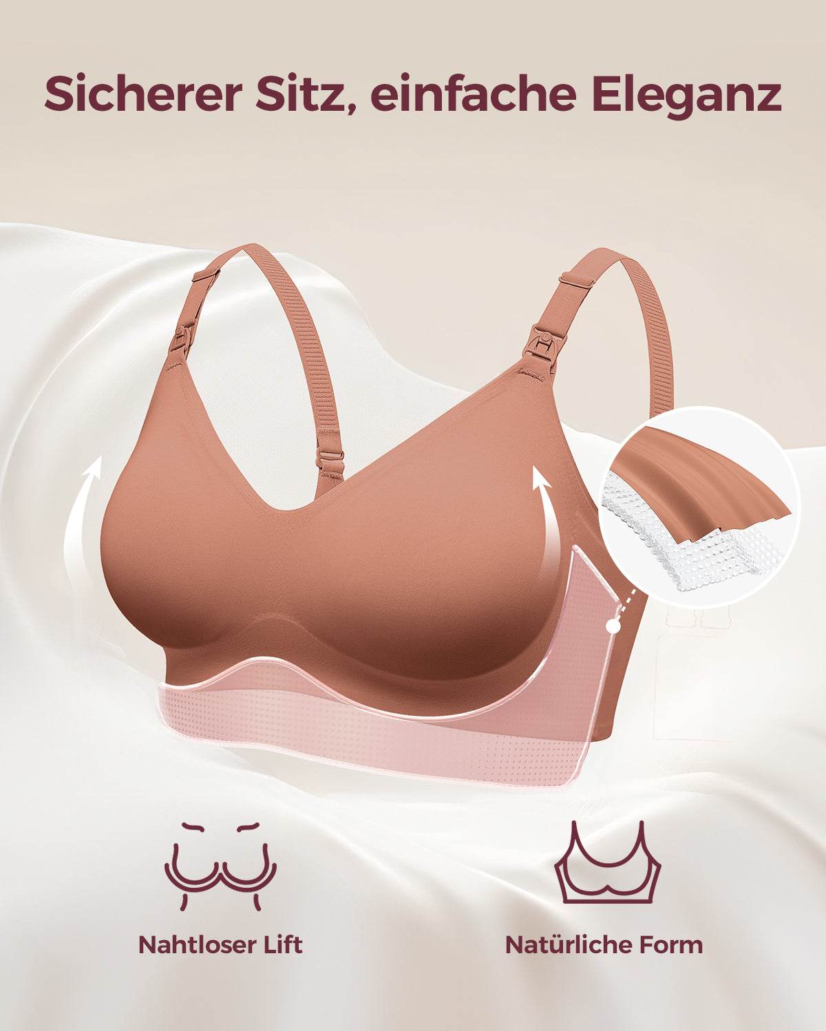 Warm cinnamon YN21 Seamless Nursing Bra: Layered design shows Seamless Lift, Natural Shape, and quick-release M5 pump clips.