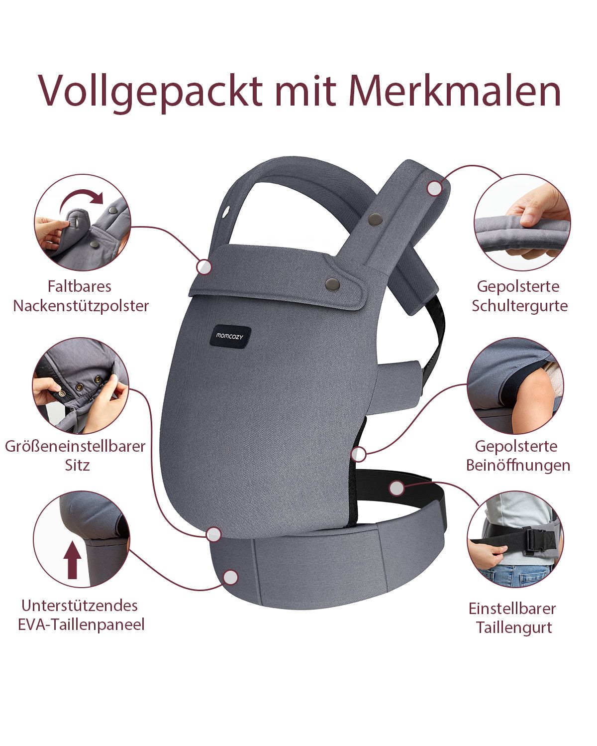 Momcozy PureHug Baby Carrier in grey, featuring adjustable seat, padded legs and waist support for comfortable babywearing.