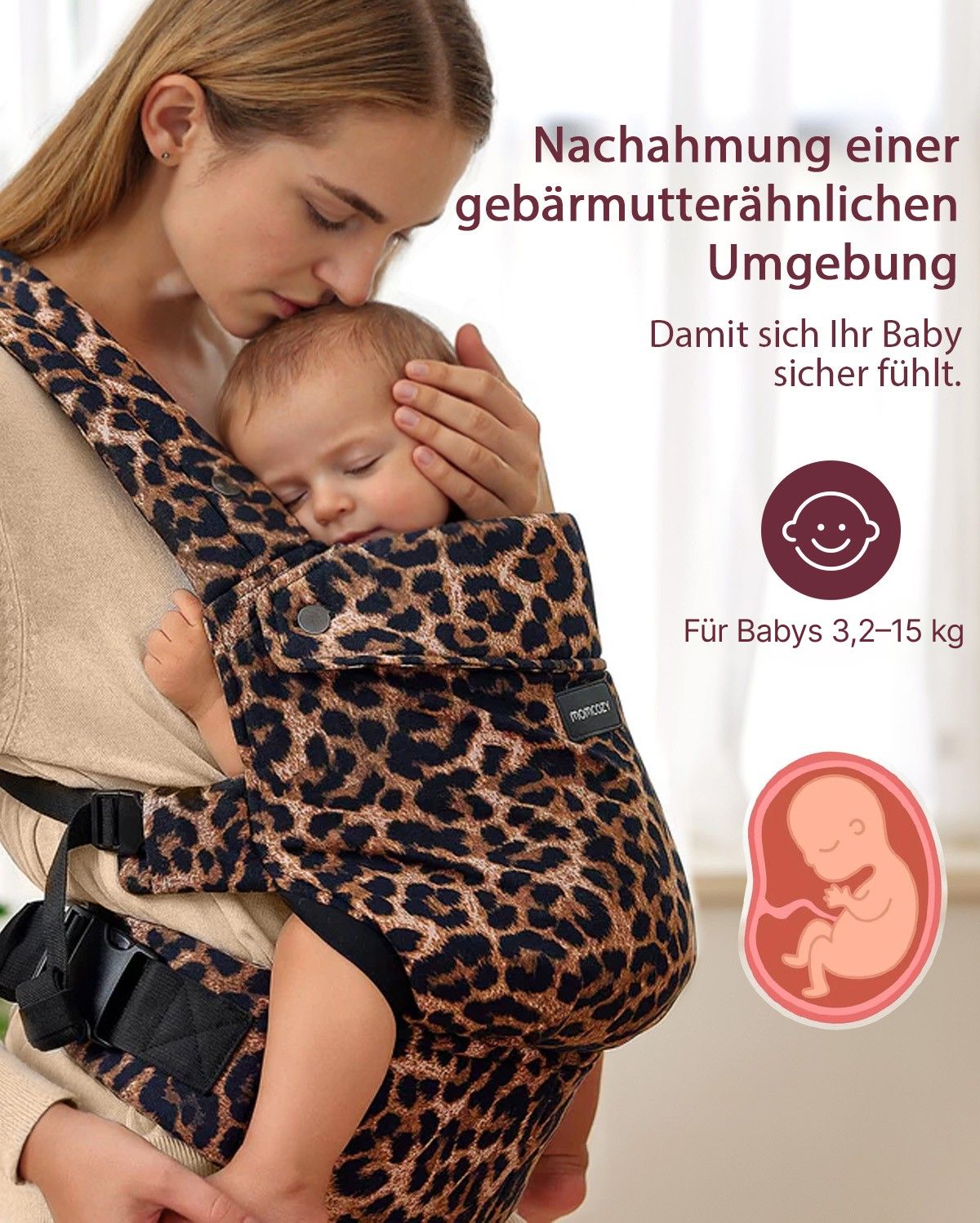 Leopard print Momcozy PureHug baby carrier, babywearing design for comfort and snugness, suitable for babies 7-44lbs.