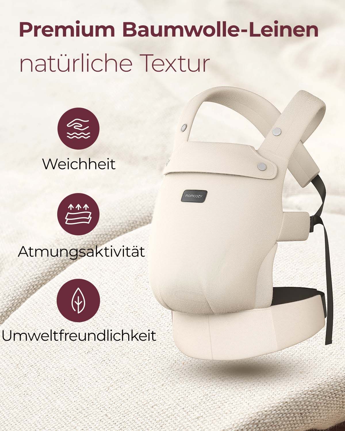 Beige Momcozy PureHug baby carrier: premium cotton-linen for softness, breathability, and eco-friendly babywearing.