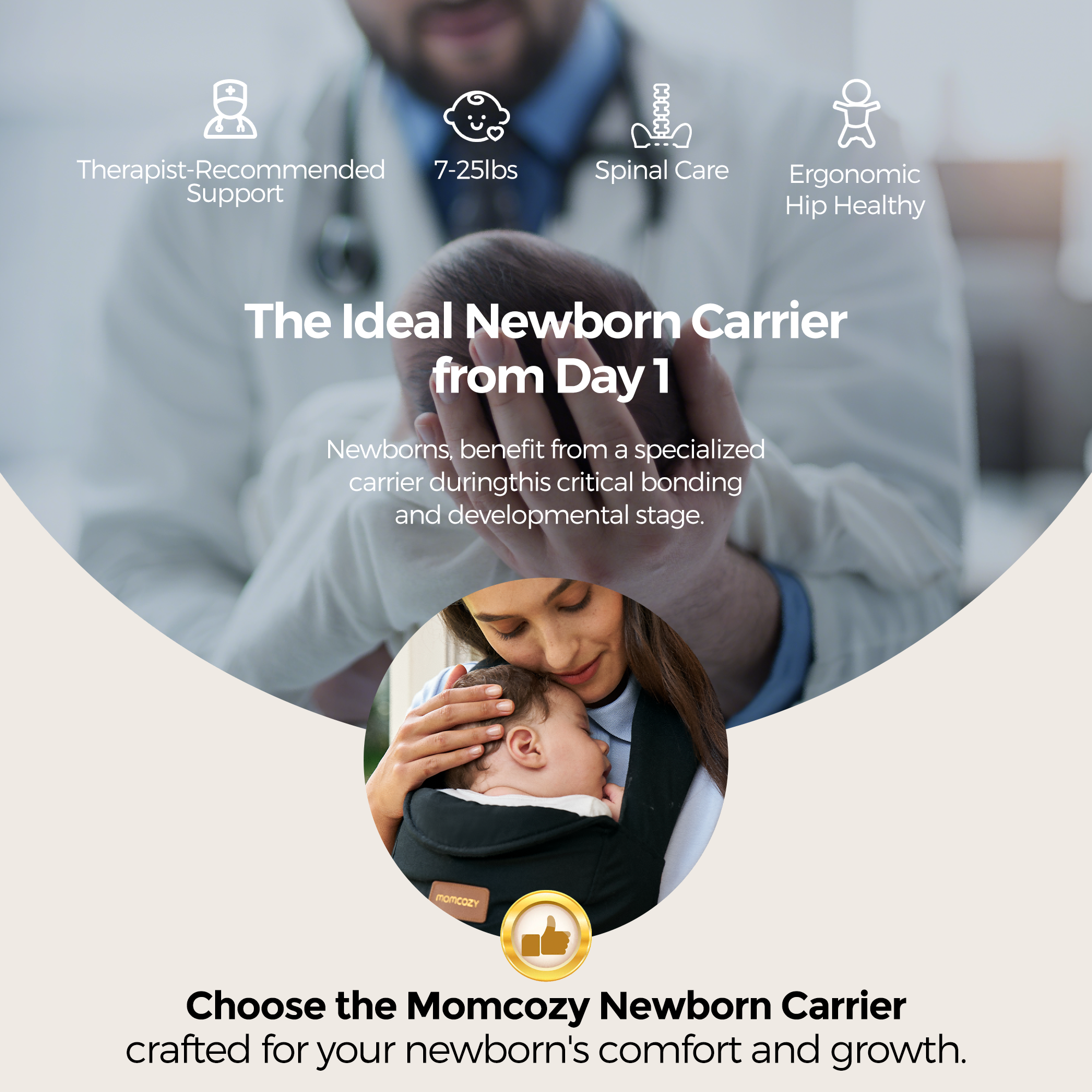 Momcozy Newborn Carrier promoting comfort & growth, with therapist-recommended support and ergonomic design for newborns.