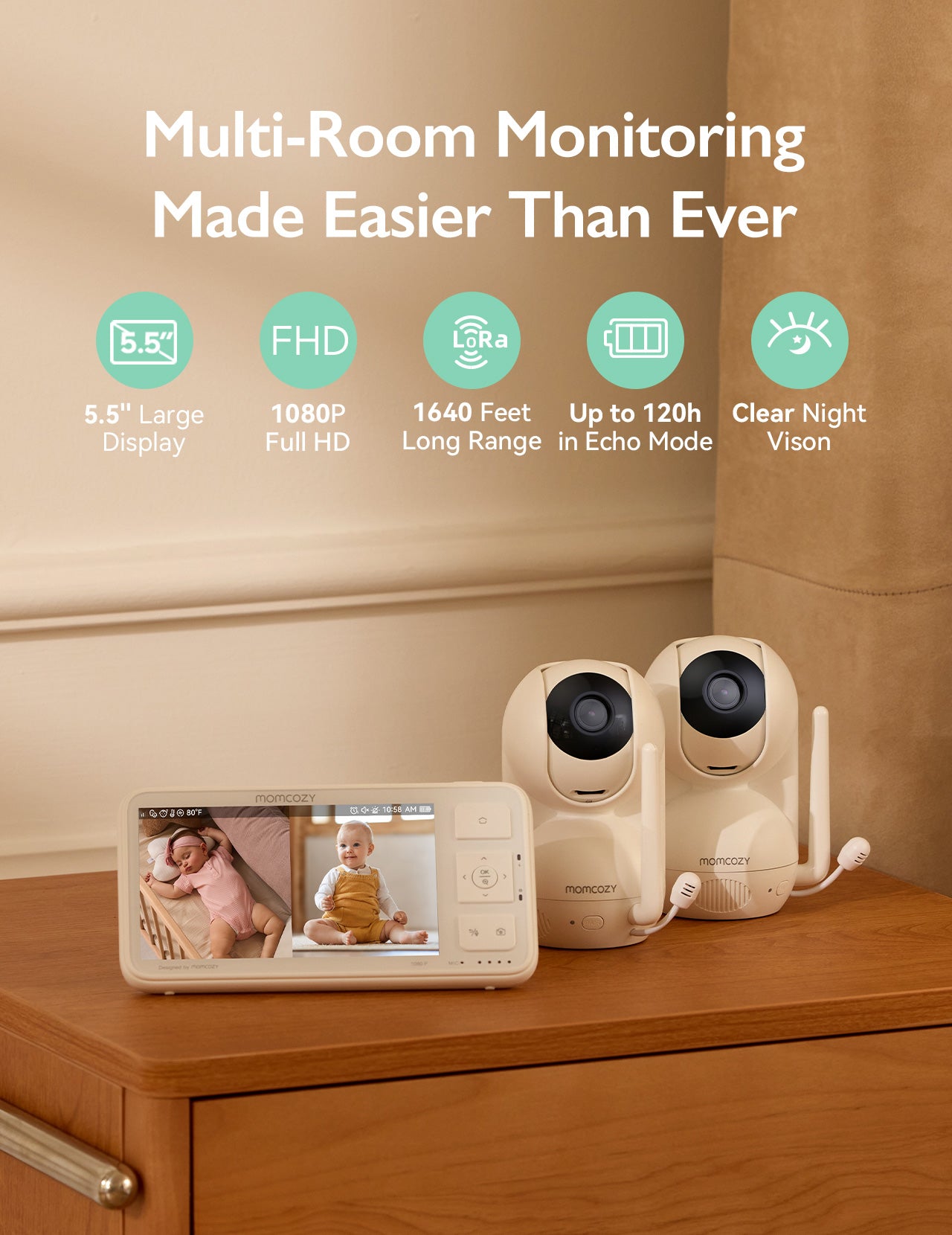 Momcozy BM03 baby monitor: 5.5" display, 1080P Full HD, and night vision, providing peace of mind for parents
