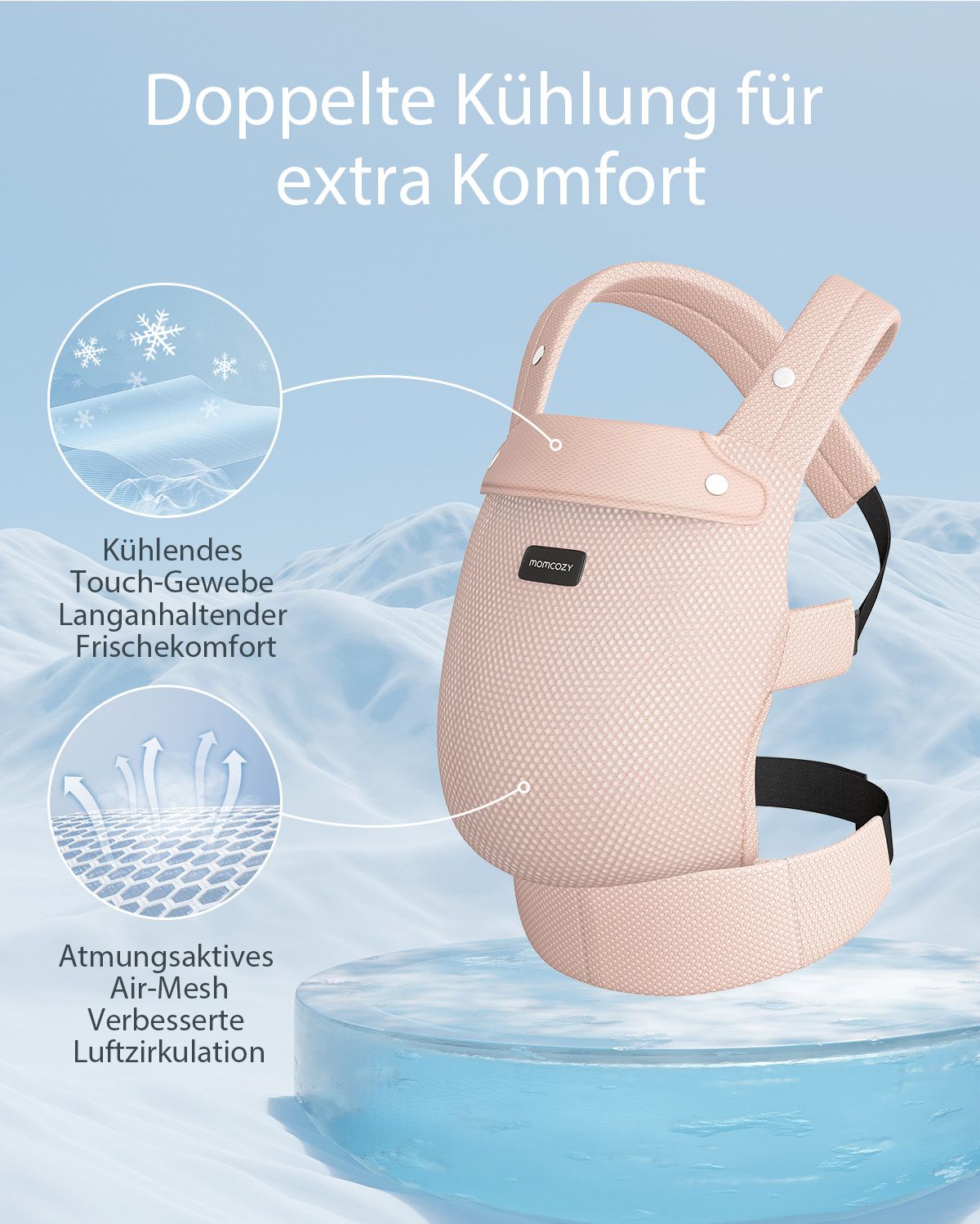Momcozy PureHug baby carrier peach color. Double Cooling design with breathable air mesh for enhanced comfort babywearing.