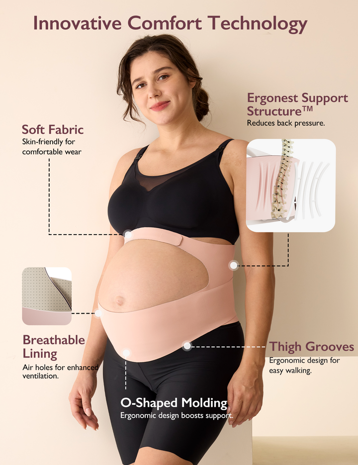 Benefits of using the oyster pink Momcozy Ergonest Maternity Belly Band versus not using one, highlighting its soft, breathable fabric and supportive features.