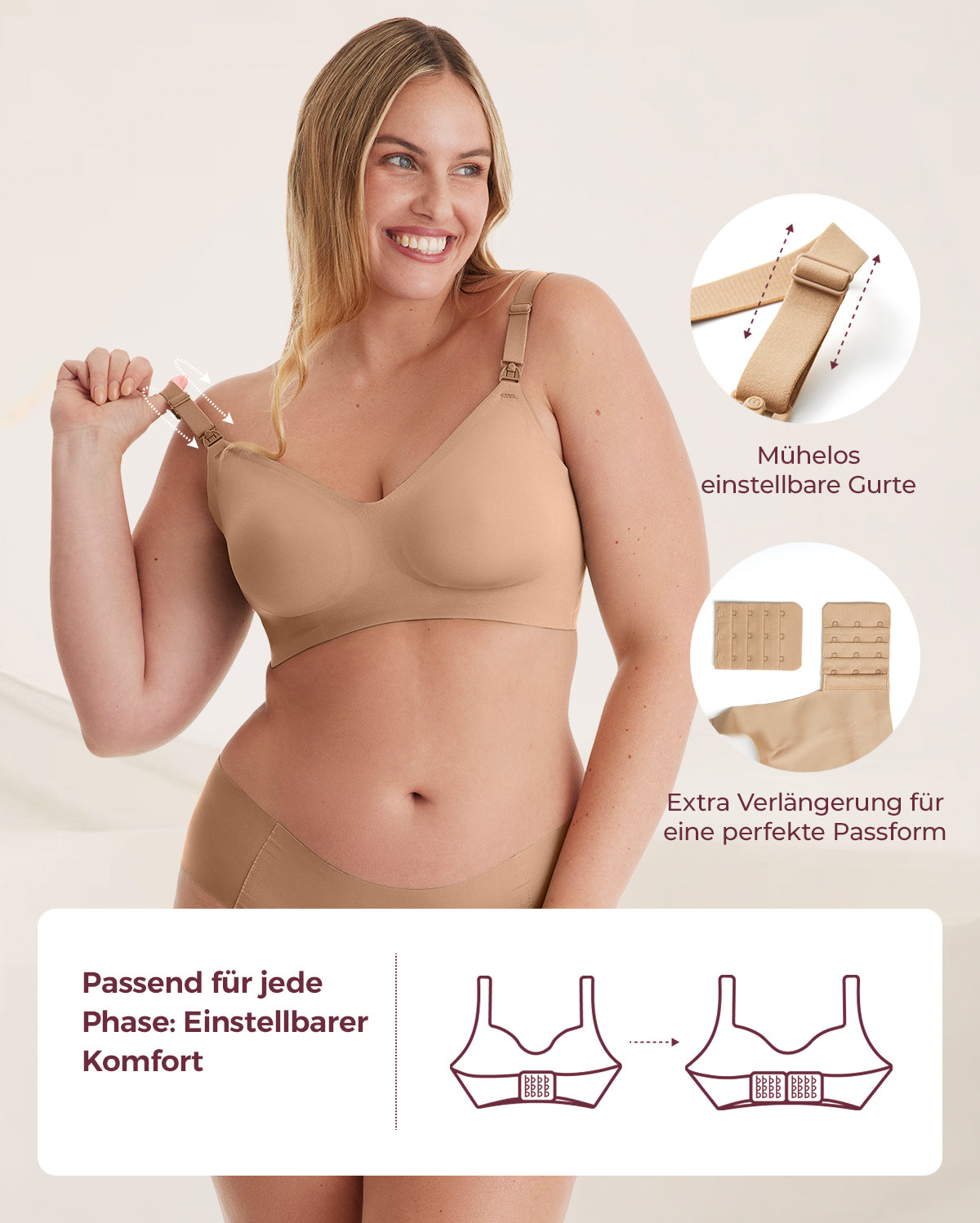 Light taupe YN21 Seamless Nursing Bra: model demonstrates adjustable straps, extender & easy-release clip for custom fit.