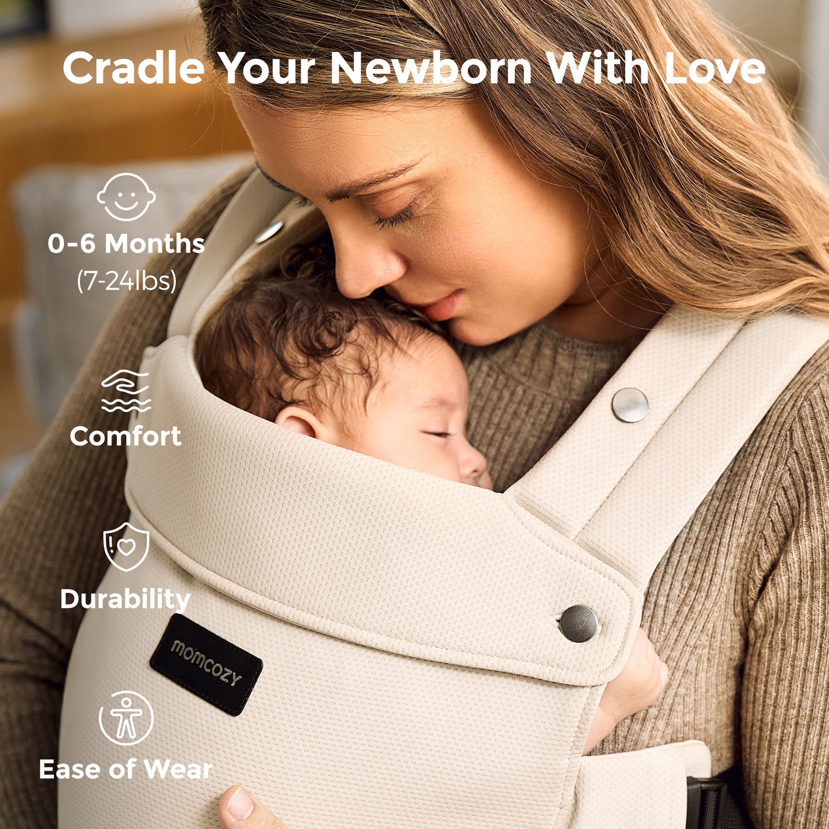 Momcozy baby carrier cradling newborn, offering comfort, durability, and ease of wear, designed for 0-6 months.