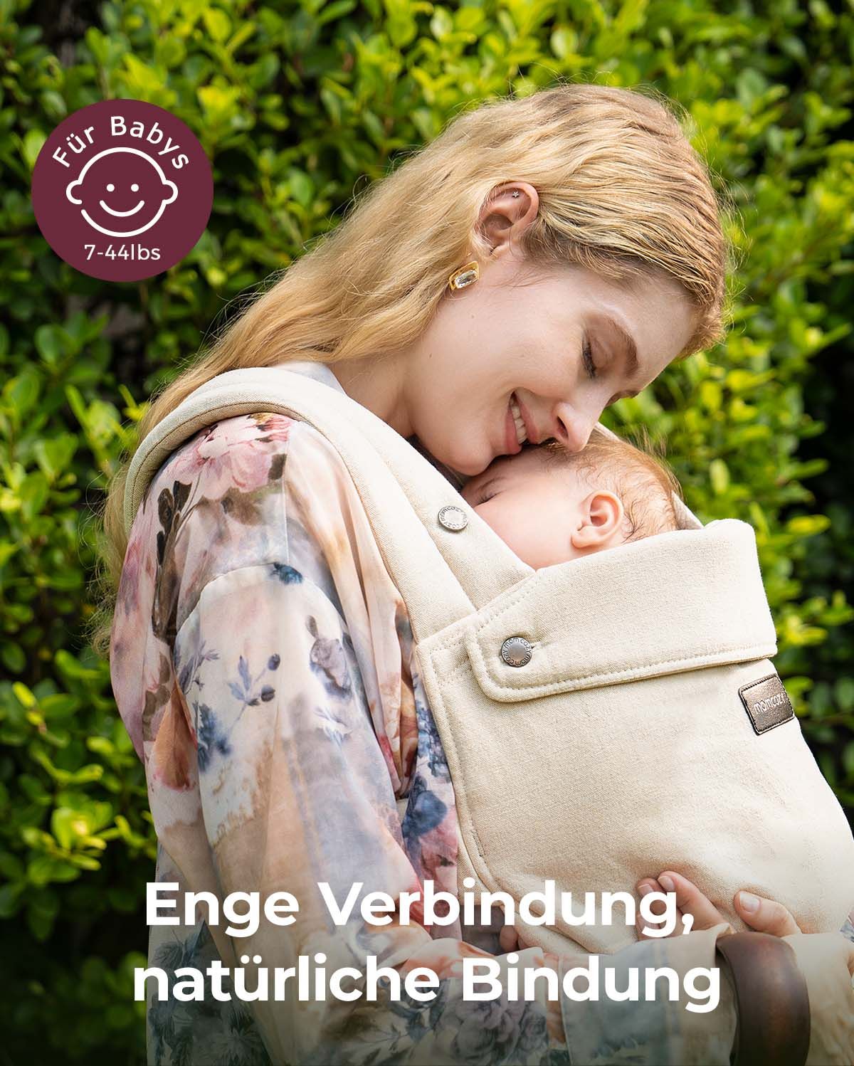 Momcozy baby carrier, beige, for newborns 7-44lbs. Promotes close connection and natural bonding with baby.