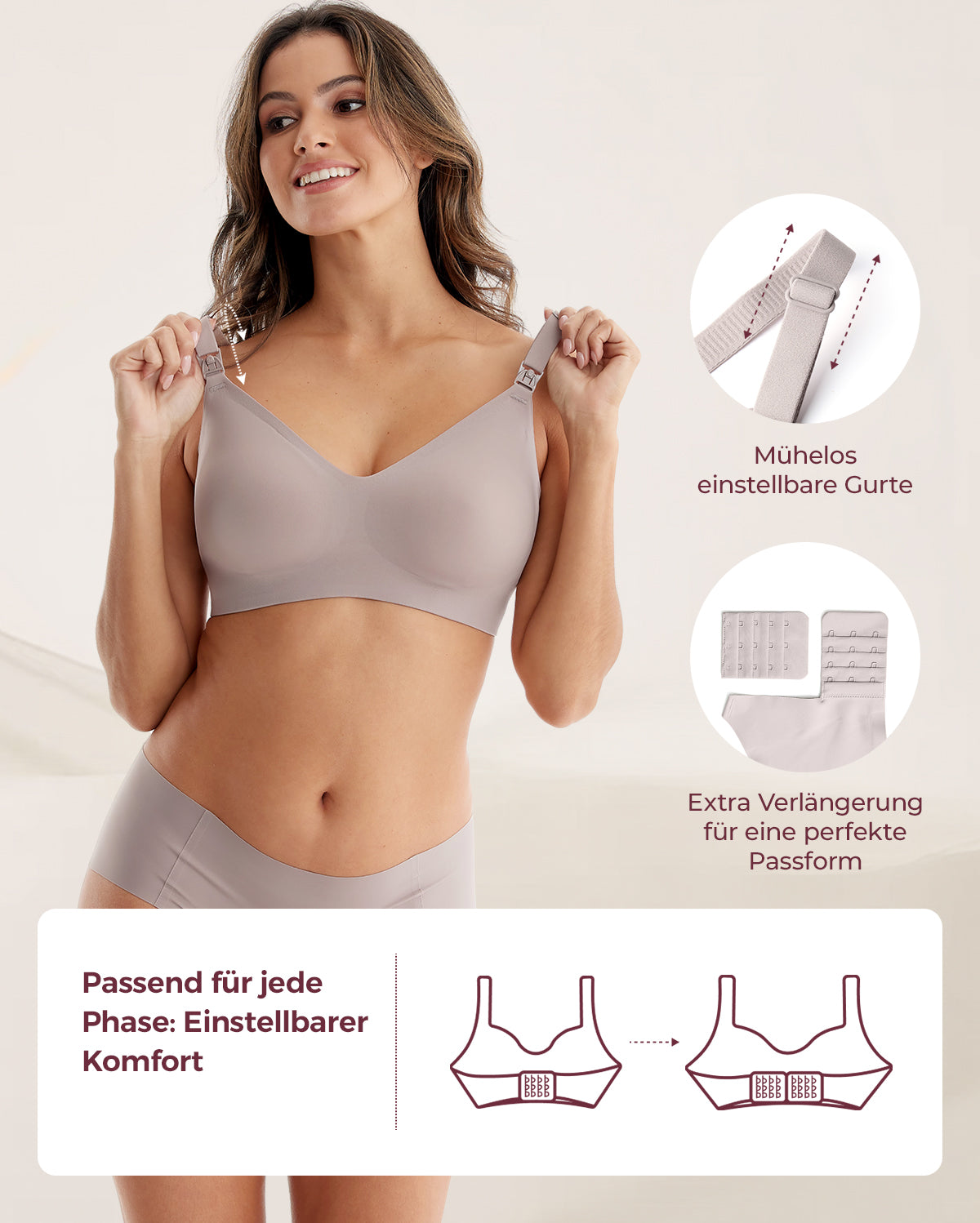 Light taupe Ultra Soft Seamless Nursing Bra YN21 with adjustable straps and extenders for a customizable, comfortable fit.