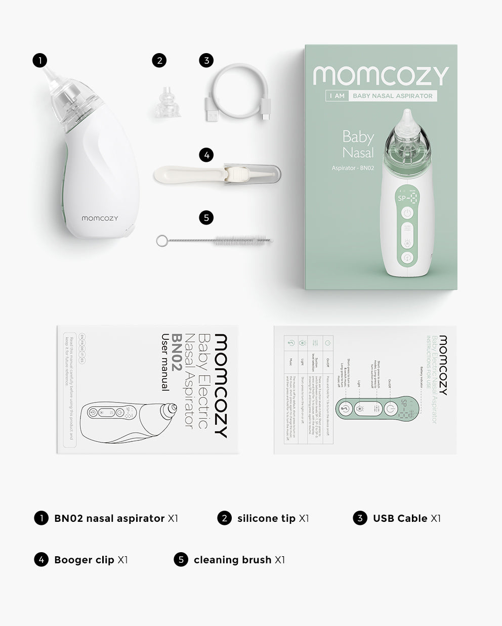 Momcozy Baby Nasal Aspirator BN02, complete set for baby congestion relief, featuring aspirator, tips, and accessories