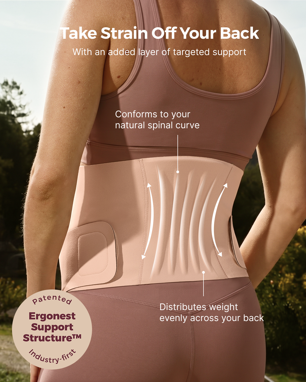 Rosé Bauchband von hinten: Ergonest Struktur folgt der Wirbelsäule und verteilt Gewicht