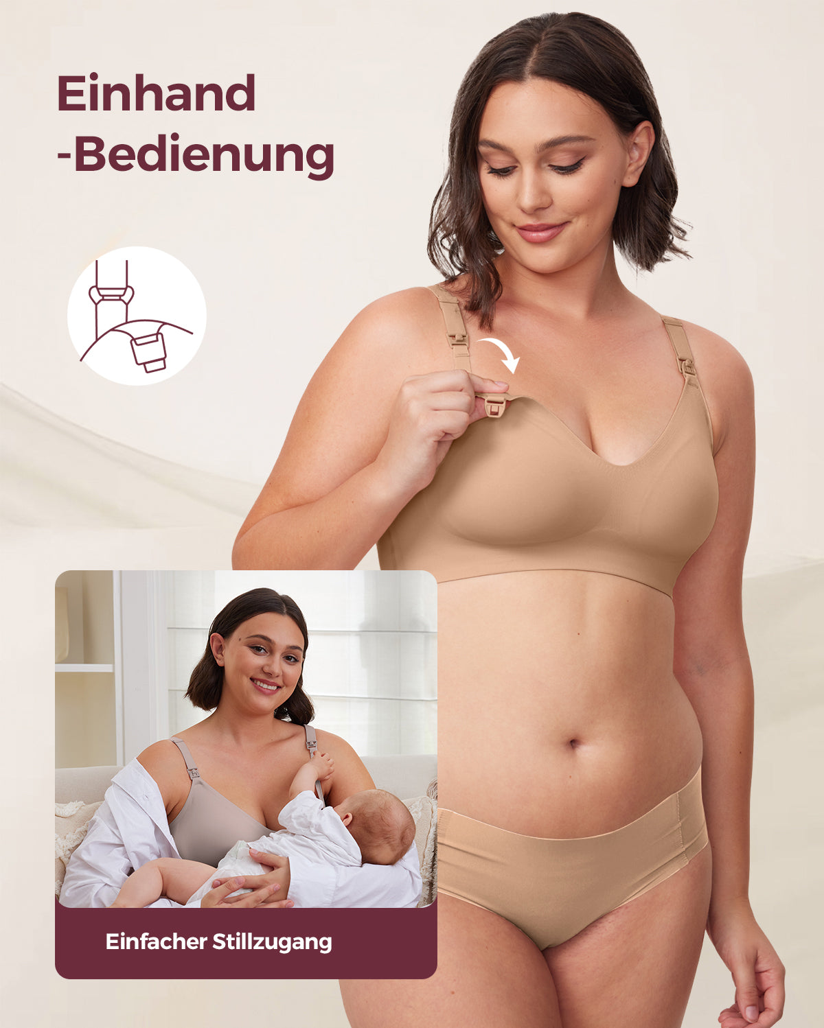 Model in light nude YN21 Seamless Nursing Bra shows one-hand clip for easy nursing; includes breastfeeding mother.