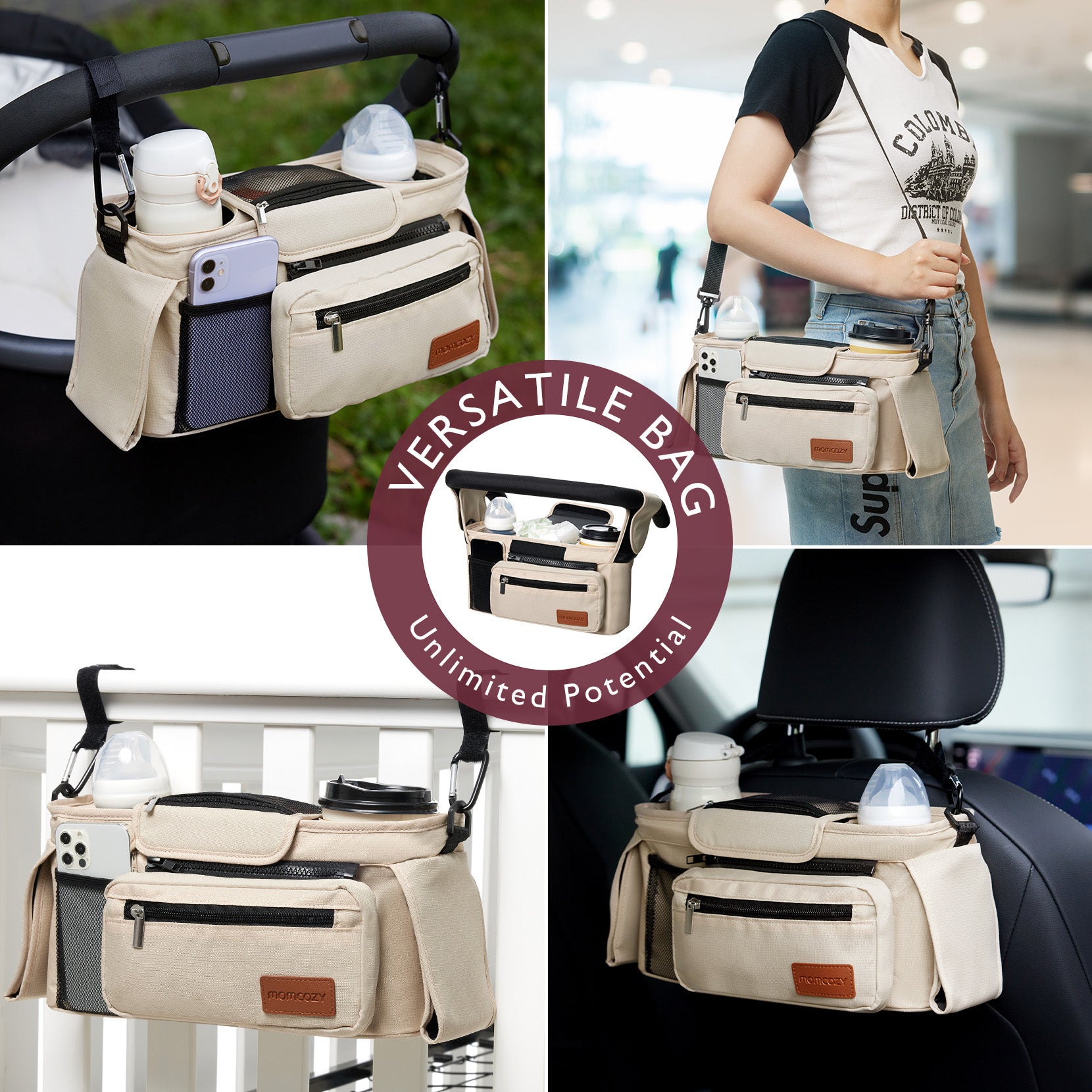 Momcozy beige stroller organizer, versatile bag with multiple pockets for stroller, car, and shoulder bag use