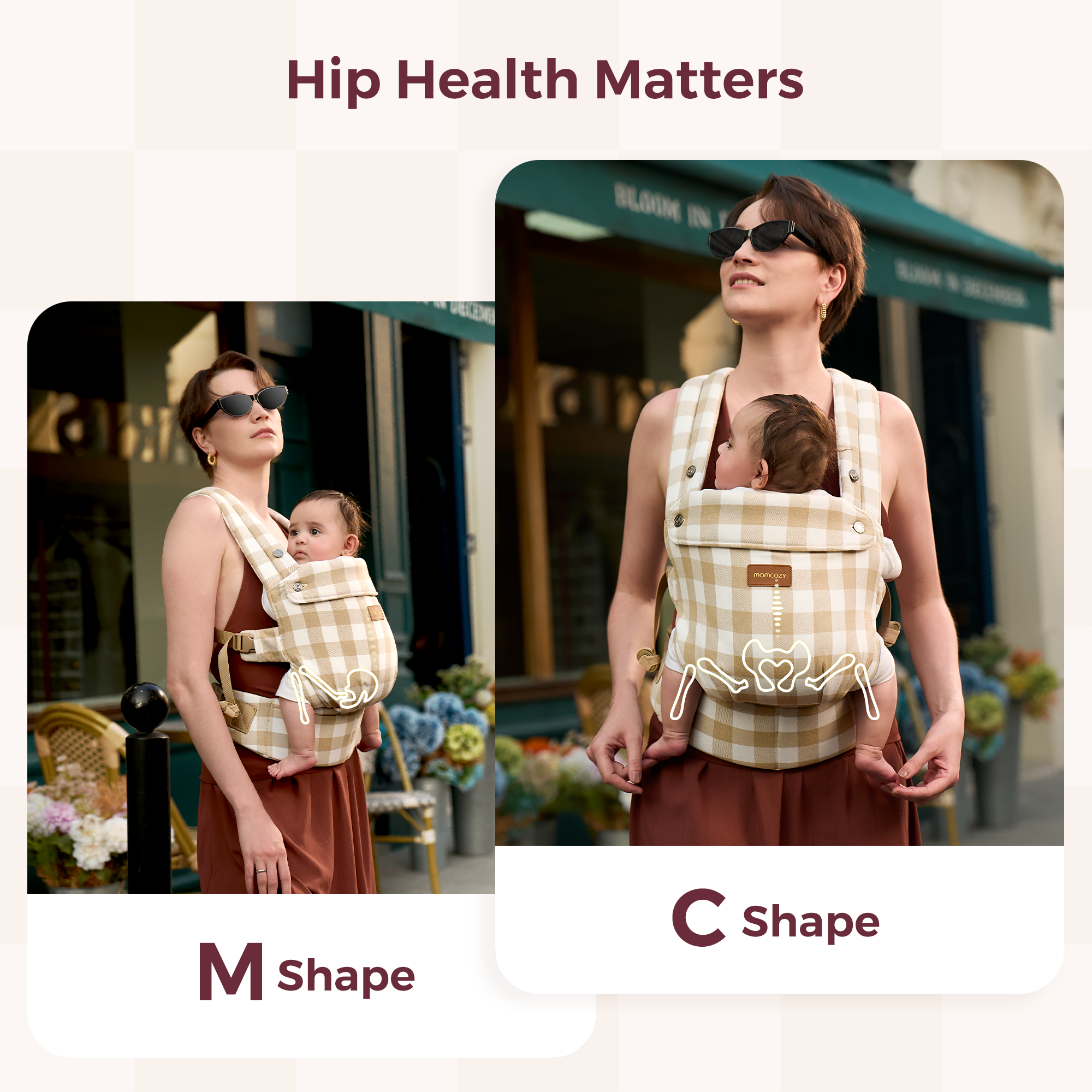 Momcozy PureHug baby carrier promoting hip health: shows M and C shape positions, tan checkered pattern