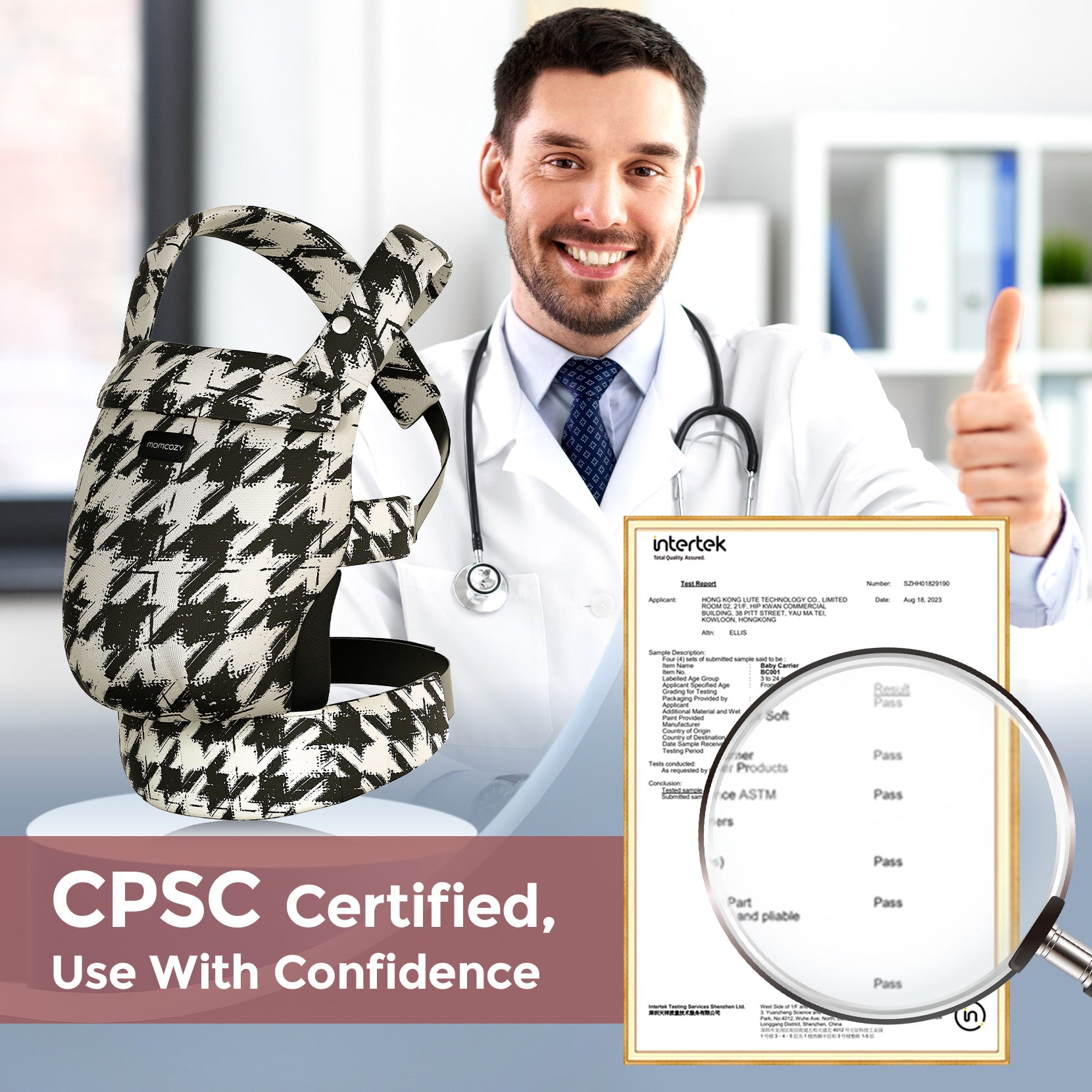 Momcozy PureHug baby carrier in houndstooth pattern, CPSC certified for babywearing comfort and safety, doctor approved.
