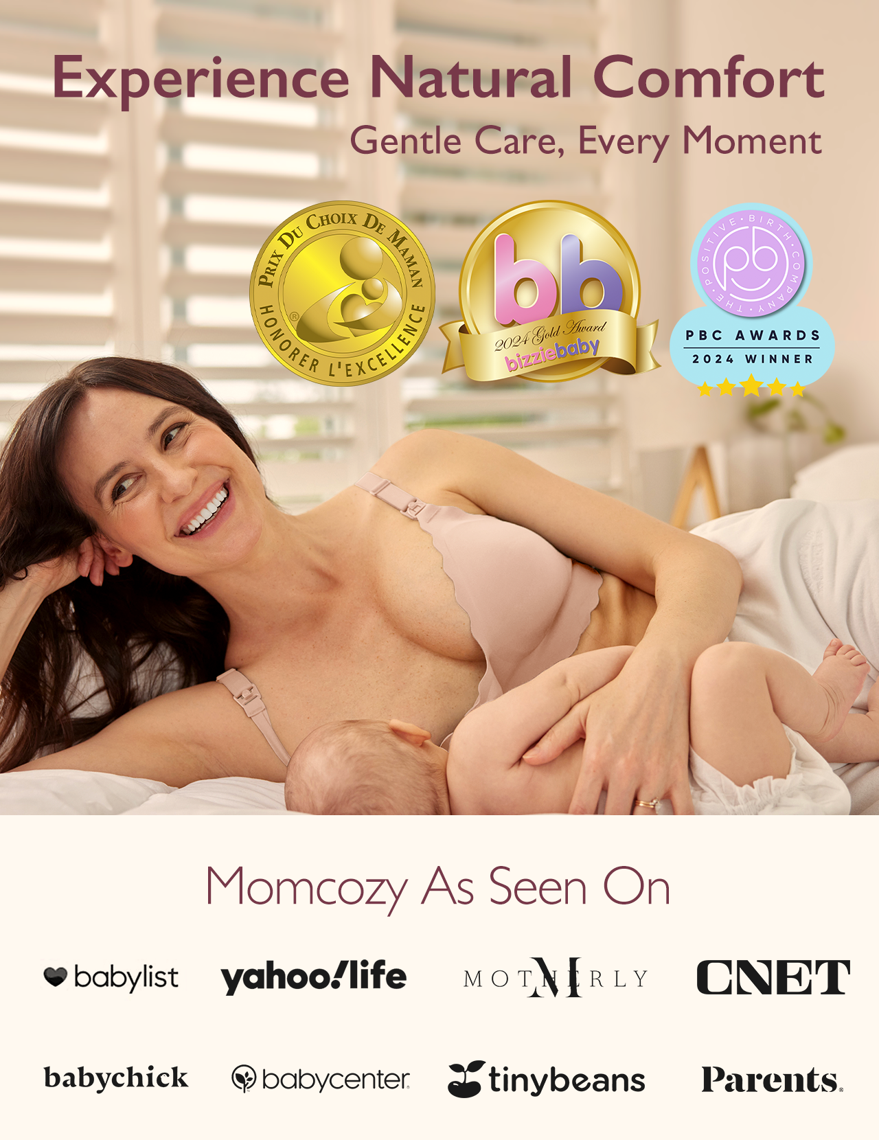 Momcozy mom breastfeeds baby in YN46 nursing bra, with awards & 'As Seen On' logos highlighting comfort.