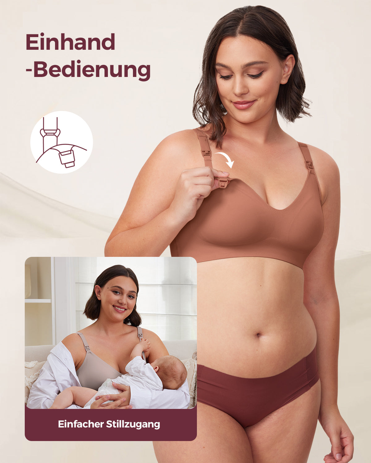Warm cinnamon YN21 Ultra Soft Seamless Nursing Bra, model shows one-hand clip ease & breastfeeding access with baby.