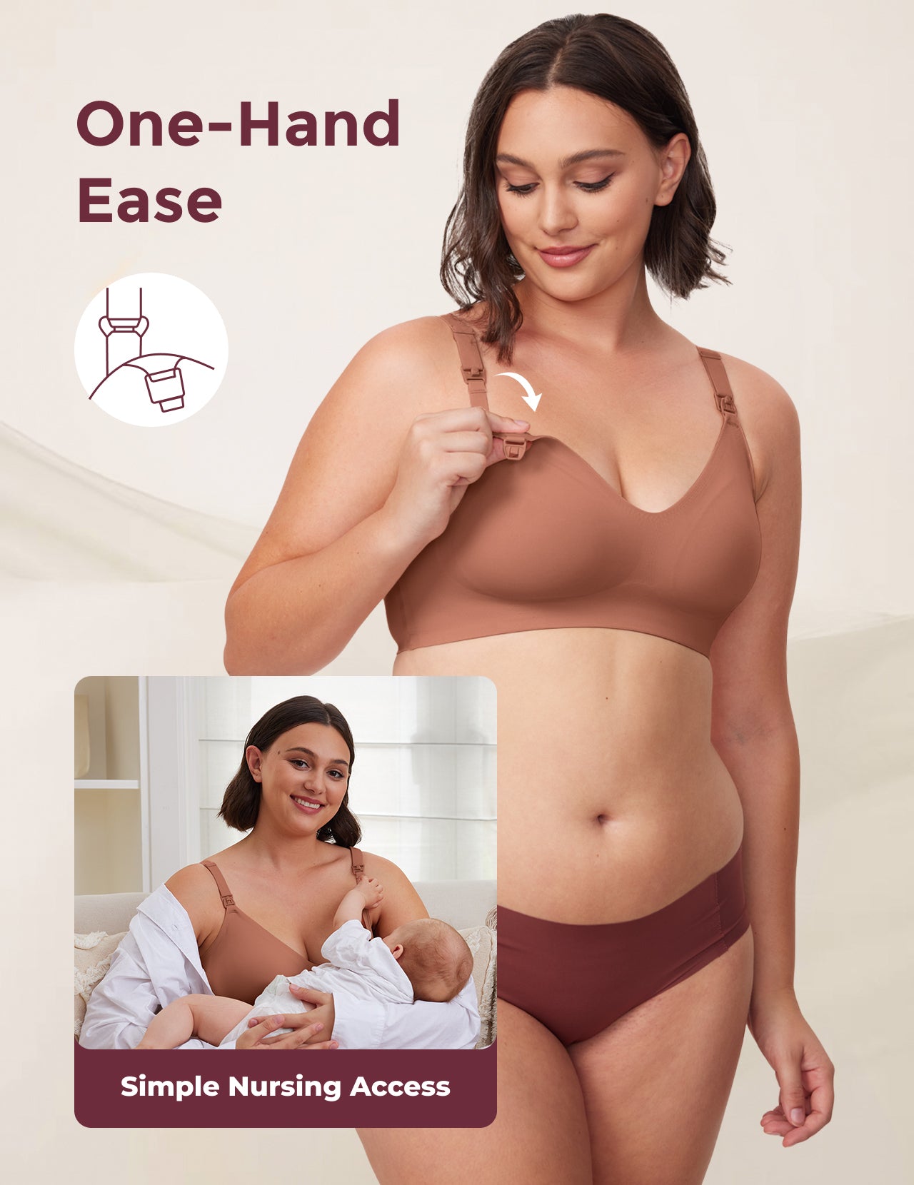 Warm cinnamon YN21 Ultra Soft Seamless Nursing Bra, model shows one-hand clip ease & breastfeeding access with baby.