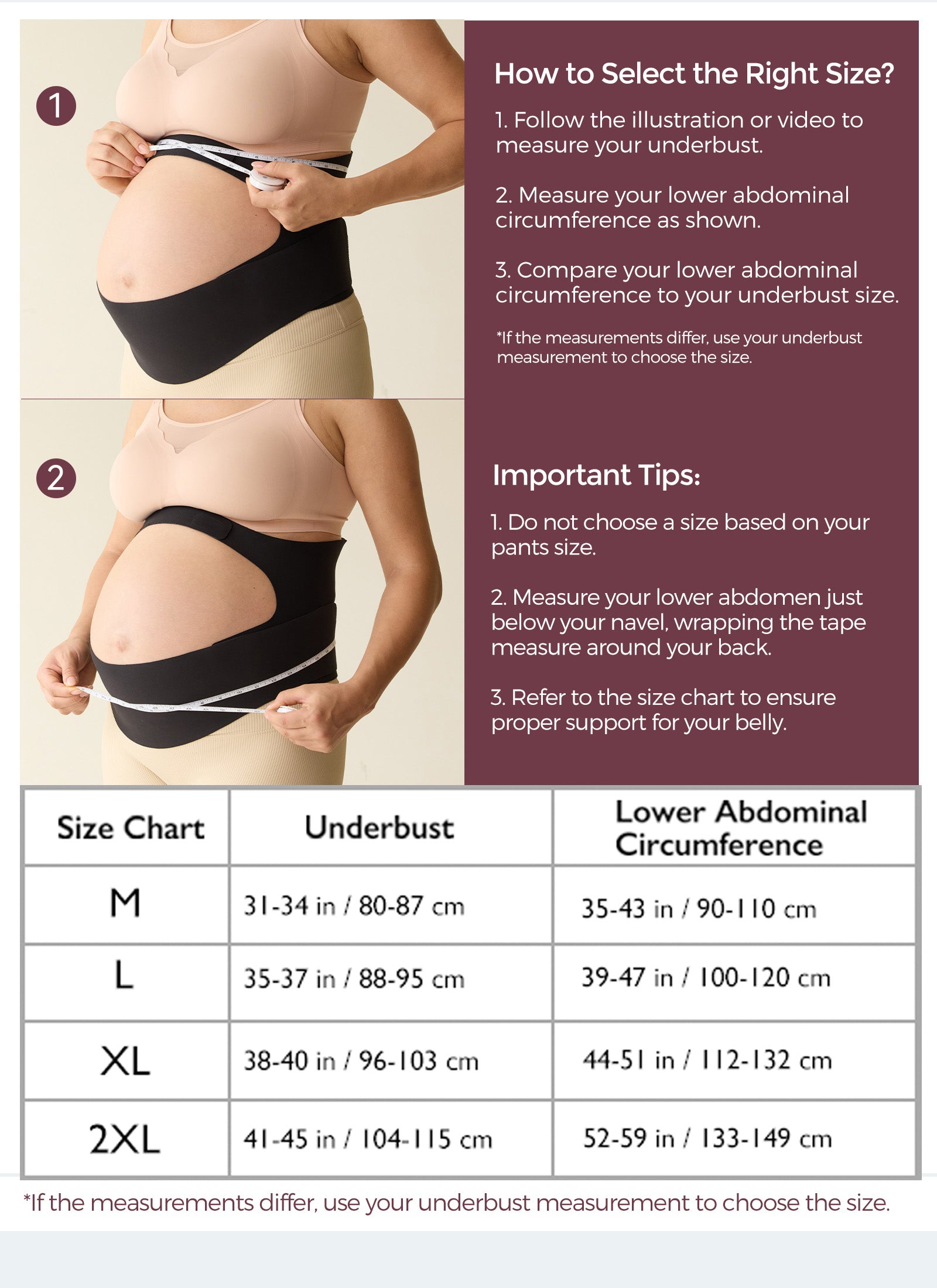 BumpEase maternity belly band sizing guide: pregnant person measuring for correct size with size chart and instructions.