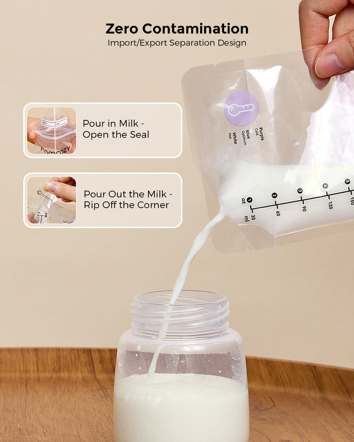Hand pouring milk from a breastmilk storage bag into a baby bottle with text 'Zero Contamination' and instructions 'Pour in Milk - Open the Seal' and 'Pour Out the Milk - Rip Off the Corner'