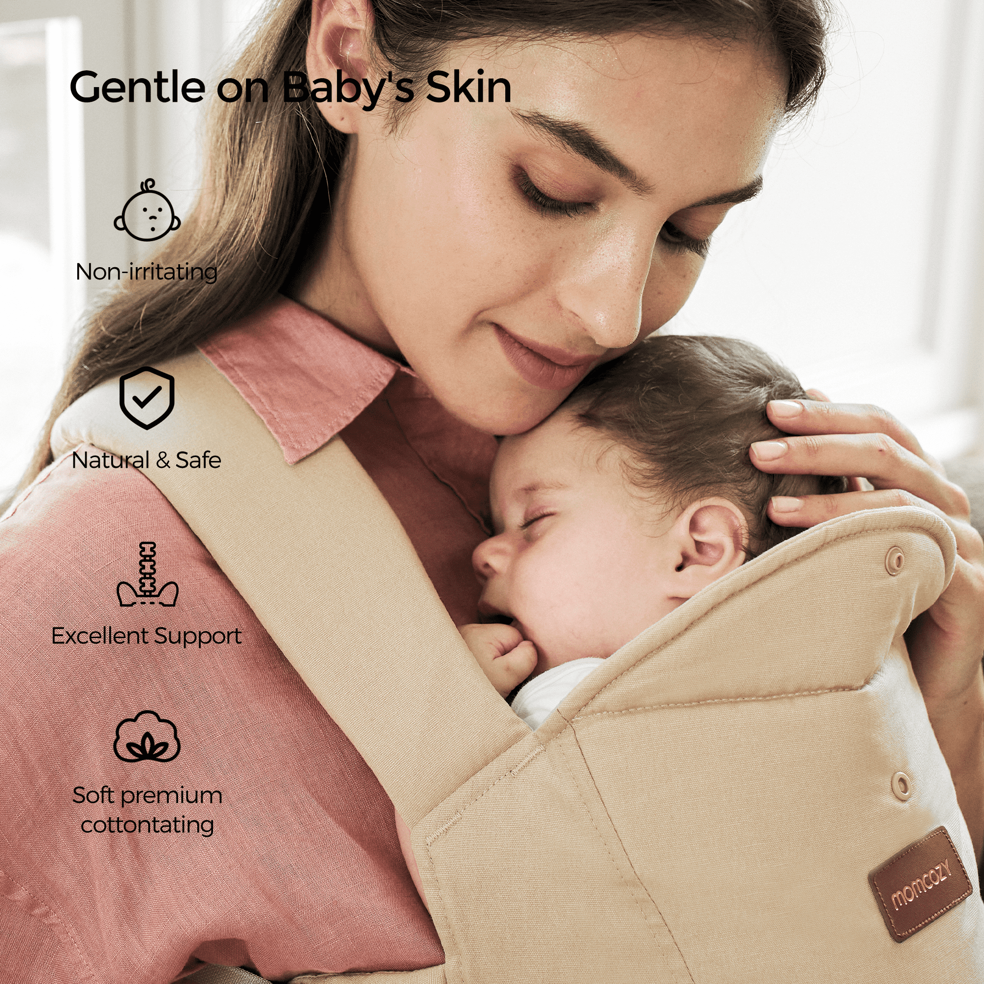 Momcozy WeeSnug carrier: mom holding baby, soft cotton, gentle skin, newborn support.