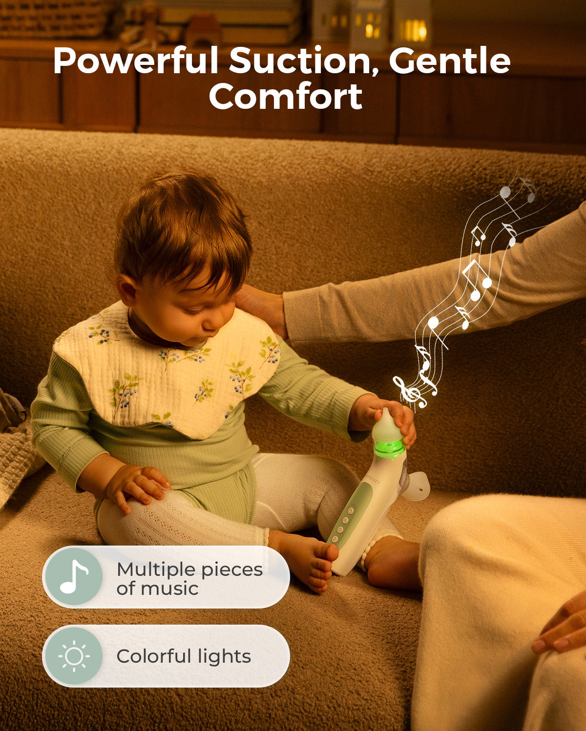 Momcozy BreezyClear nasal aspirator for babies: Powerful suction with gentle comfort, plus music and colorful lights.